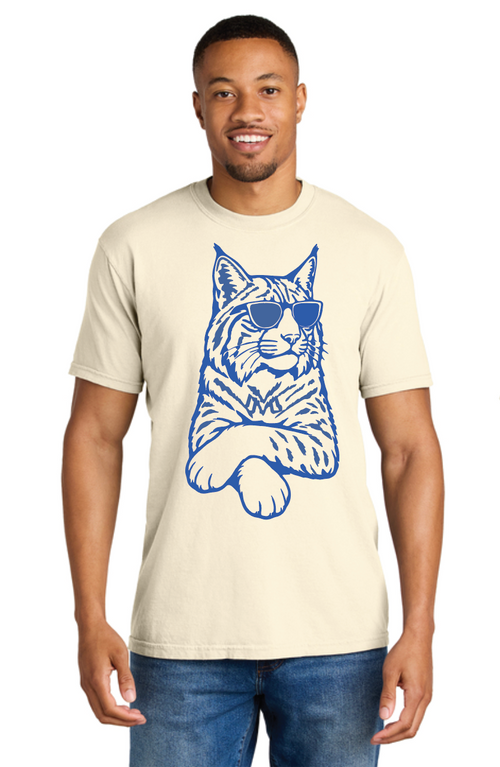 Adult model wearing an ivory Cool Cat T-shirt with a blue cat graphic wearing sunglasses