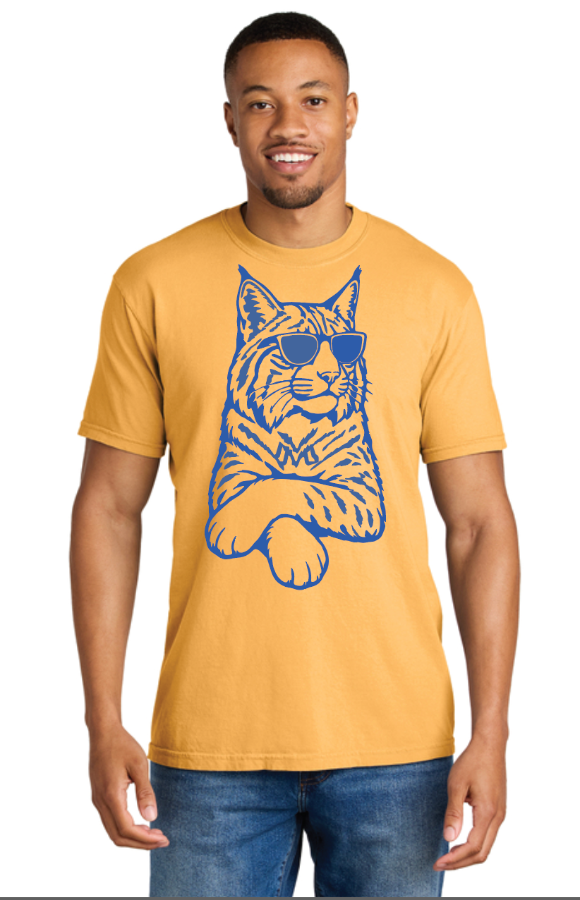 Adult model wearing a Citrus Cool Cat T-shirt with a blue cat graphic wearing sunglasses